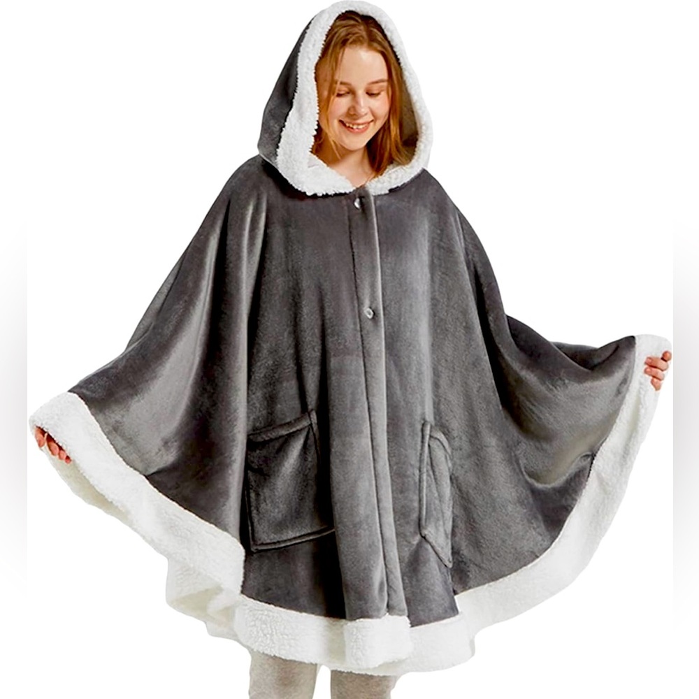 Gray Fleece Sherpa Lined Lounge Poncho Cape Jacket Hoodie Blanket